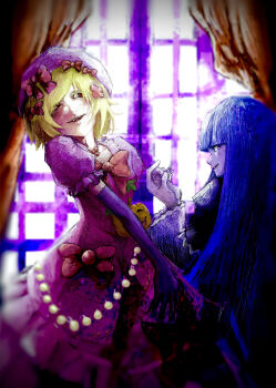 2girls absurdres black_dress black_gloves blonde_hair blue_hair bow choker curtains dress dress_bow elbow_gloves frederica_bernkastel frills gloves highres jack-o&#039;-lantern jewelry juliet_sleeves kakuyasu lambdadelta long_hair long_sleeves looking_at_viewer looking_back multiple_girls necklace pink_dress puffy_sleeves purple_eyes red_bow red_eyes red_ribbon ribbon short_hair smile umineko_no_naku_koro_ni vignetting window