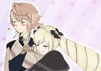 1boy 1girl blonde_hair closed_mouth commentary elise_(fire_emblem) english_commentary fire_emblem fire_emblem_fates grey_hair heart hug lithety male_corrin_(fire_emblem) nintendo pink_background pointy_ears spoken_heart upper_body