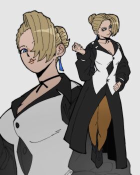 1girl bentaecool blonde_hair blue_eyes breasts cleavage curvy dress earrings female_focus formal_clothes huge_breasts jewelry large_breasts long_hair looking_at_viewer mature_(kof) pale_skin pantyhose see-through_clothes skirt standing suit taedaartist the_king_of_fighters thick_thighs thighs wide_hips