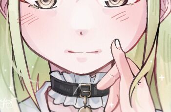 2girls bang_dream! bang_dream!_it&#039;s_mygo!!!!! black_choker blush choker close-up closed_mouth female_pov frilled_choker frills green_hair hand_on_another&#039;s_cheek hand_on_another&#039;s_face long_hair multiple_girls pov solo_focus wakaba_mutsumi yellow_eyes yoyoray20001996 yuri