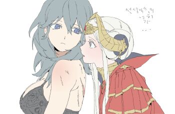 Rule 34 | 2girls, armor, aziemblemfates, black bra, blue eyes, blue hair, blush, bra, breasts, cape, cleavage, commentary request, crown, double bun, edelgard von hresvelg, edelgard von hresvelg (timeskip), female byleth (fire emblem), fire emblem, fire emblem: three houses, hair bun, highres, korean commentary, large breasts, looking back, multiple girls, nintendo, purple eyes, red armor, red cape, scar, scar on back, sideboob, underwear, white background, white hair, yuri