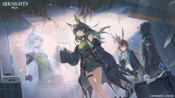 1other 4girls absurdres amiya_(arknights) amiya_(medic)_(arknights) animal_ears arknights bare_shoulders black_coat black_hair bright_pupils brown_hair cat_ears chromatic_aberration coat cup doctor_(arknights) dress green_dress green_eyes green_hair hands_in_pockets highres indoors kal&#039;tsit_(arknights) krin_(krinnin) long_hair long_sleeves looking_up material_growth mon3tr_(arknights) mon3tr_(summon)_(arknights) mug multicolored_hair multiple_girls off_shoulder official_art oripathy_lesion_(arknights) parted_lips priestess_(arknights) rabbit_ears shaded_face sleeveless sleeveless_dress smile spoilers standing tail two-tone_hair white_pupils worried