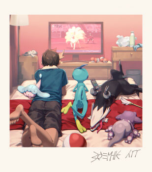 1boy arm_up barefoot bed black_shorts blue_shirt border bottle brown_hair cocodar commentary_request controller drawer drizzile facing_away feet galarian_form galarian_linoone gen_1_pokemon gen_8_pokemon hatenna highres indoors lamp lying ninetales nintendo on_back on_bed on_stomach open_mouth pointing poke_ball poke_ball_(basic) pokemon pokemon_(creature) pokemon_swsh remote_control sharp_teeth shirt short_hair short_sleeves shorts soles t-shirt table teeth television toes tongue tongue_out toxel trash_can victor_(pokemon) white_border