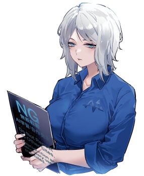 1girl blue_shirt collared_shirt cropped_torso expressionless faust_(project_moon) highres limbus_company long_sleeves looking_at_viewer project_moon shirt short_hair sidelocks simple_background solo upper_body vx7givcony78710 w_corp._(identity)_(project_moon) white_background white_hair