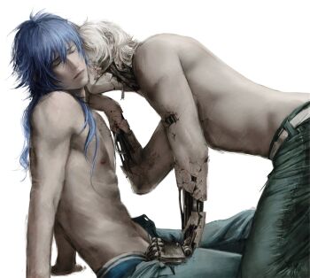 2boys android belt blue_hair blue_male_underwear clear_(dramatical_murder) closed_eyes closed_mouth cracked_skin denim dramatical_murder from_side hashtag-only_commentary highres jeans kiss kk1y0sh1 kneeling lips long_hair male_focus male_underwear multiple_boys nipples pants seragaki_aoba simple_background sitting skinny topless_male underwear undressing_another white_background white_belt white_hair yaoi