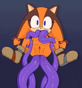 all_the_way_through anal anus ass bare_legs blue_eyes blush brown_fur brown_hair excito eyelashes flat_chest groin hair_tie highres legs loli naked_footwear orange_fur orange_hair perineum pussy sega shoes sonic_(series) sonic_boom_(series) sticks_the_badger tentacles twintails