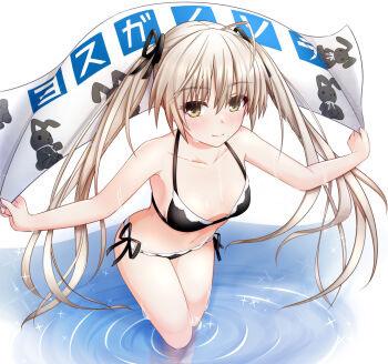 1girl banner bikini black_bikini black_ribbon blonde_hair breasts closed_mouth collarbone commentary_request copyright_name hair_ribbon highres holding holding_banner kasugano_sora leaning_forward long_hair looking_at_viewer nyabe ribbon side-tie_bikini_bottom small_breasts smile solo swimsuit twintails wading water white_background yellow_eyes yosuga_no_sora
