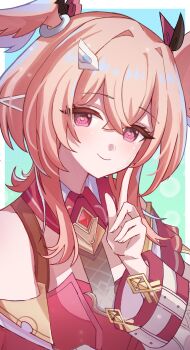 Rule 34 | 1girl, absurdres, blue background, blush, closed mouth, collar, commentary request, dress, genshin impact, hair intakes, hair ornament, hairclip, head wings, heart, heart in eye, highres, index finger raised, linnea (genshin impact), long sleeves, looking at viewer, medium hair, pink eyes, pink hair, pink wings, pocopocomaru810, purple wings, red collar, red dress, smile, solo, symbol in eye, white sleeves, wing hair ornament, wings