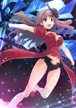 1girl boots breasts brown_hair cleavage female_focus highres k3rd long_hair medium_breasts meigo_arisa micro_shorts midriff navel open_mouth purple_eyes shorts smile solo standing standing_on_one_leg stomach toaru_majutsu_no_index toaru_majutsu_no_index:_endymion_no_kiseki white_boots