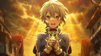 1girl :d anime_coloring ardee_varma black_choker black_gloves blue_eyes blue_jacket breasts choker cloud cloudy_sky criss-cross_halter danmachi_battle_chronicle dungeon_ni_deai_wo_motomeru_no_wa_machigatteiru_darou_ka elbow_gloves fingerless_gloves game_cg gloves grey_hair hair_between_eyes halterneck hands_up highres holding holding_jewelry holding_necklace house jacket jewelry light_rays looking_at_viewer medium_breasts necklace non-web_source official_art open_clothes open_jacket open_mouth outdoors parted_lips short_hair sidelocks sky smile solo straight-on sunbeam sunlight tearing_up unworn_jewelry unworn_necklace upper_body