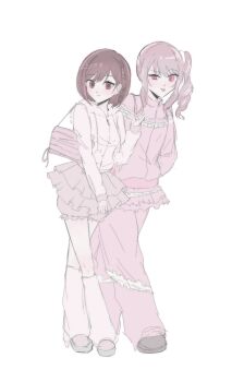 1girl 1other 2geojiyeah akiyama_mizuki bag bloomers braid brown_eyes brown_hair commentary_request full_body fur-trimmed_hood fur_trim hair_ornament hand_in_pocket highres hood hood_down hoodie jacket korean_commentary leg_warmers long_sleeves looking_at_viewer pants pants_under_skirt pink_eyes pink_hair pink_theme project_sekai shinonome_ena short_hair shoulder_bag side_ponytail skirt smile tongue tongue_out track_jacket underwear uneven_eyes