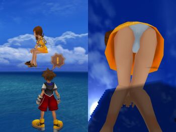 ! 3d armband ass blue_sky brown_hair chain chain_necklace cloud cloudy_sky dress fingerless_gloves gloves hetero highres invisible_chair jewelry kingdom_hearts loli necklace ocean panties pants pov red_pants red_shorts sandals selphie_tilmitt shoes shorts shota sitting sky smile sora_(kingdom_hearts) speech_bubble spoken_exclamation_mark sun underwear upskirt white_gloves white_panties yellow_dress yellow_shoes