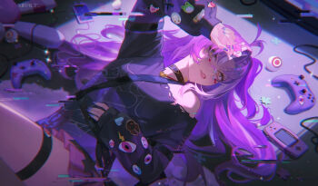 1girl antenna_hair artist_name bandaid bandaid_on_neck belt black_belt black_choker black_shirt blue_nails blurry blurry_background bone_hair_ornament cellphone choker commentary controller earbuds earphones game_boy_advance game_controller gamepad glitch hair_ornament hair_over_one_eye hand_on_own_forehead hand_on_own_stomach handheld_game_console highres long_hair long_sleeves looking_at_viewer lying michi_mochievee michi_mochievee_(teen) miniskirt multicolored_nails multiple_belts official_alternate_costume on_back parted_lips phone pink_skirt print_shirt puffy_long_sleeves puffy_sleeves purple_eyes purple_nails purple_shirt puzzle_piece shirt single_bare_shoulder skirt smartphone solo sparkle star_(symbol) star_hair_ornament sticker_on_clothes striped_clothes striped_shirt teeth television thigh_strap torn_clothes torn_shirt two-tone_nails two-tone_shirt two_side_up upper_body virtual_youtuber vshojo xiisalt