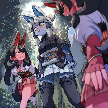 Rule 34 | 3girls, animal ears, belt, black fur, black hair, black shirt, black thighhighs, blue gloves, blue necktie, blue skin, brown belt, collared shirt, colored skin, commentary request, elbow gloves, extra ears, fingerless gloves, fox ears, fox girl, fox tail, fur trim, ginkaku (kemono friends), gloves, gourd, grey skirt, hair over one eye, highres, horns, japari symbol, kemono friends, kemono friends 3, kinkaku (kemono friends), long hair, looking at another, mcgunngu, multiple girls, necktie, nervous smile, nervous sweating, orange eyes, plaid clothes, plaid skirt, pleated skirt, puffy sleeves, quad tails, red gloves, red skin, red skirt, shirt, short hair, short twintails, single horn, skirt, smile, socks, sweat, sweatdrop, tail, thighhighs, twintails, white fur, white hair, white shirt, white socks, zettai ryouiki
