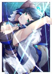 Rule 34 | 1girl, :d, absurdres, aqua eyes, armpits, arms up, bare shoulders, blue hair, breasts, cleavage, commentary, earrings, genshin impact, highres, jewelry, large breasts, looking at viewer, open mouth, rin gotarou, short hair, sleeveless, smile, solo, yelan (genshin impact)