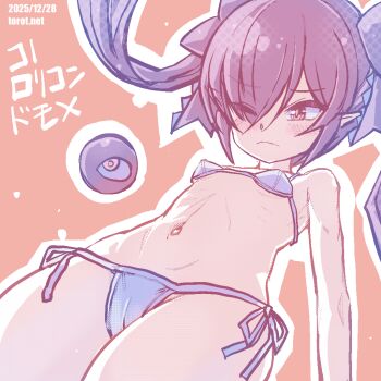 1girl backbeako_(torotei) backbeard bikini black_hair blush breasts closed_mouth commentary cowboy_shot dated dated_commentary eyes_visible_through_hair gegege_no_kitarou hair_over_one_eye hair_ribbon kono_lolicon_domome light_frown loli long_hair micro_bikini navel one_eye_closed orange_background original paid_reward_available pointy_ears red_eyes ribbon ribs side-tie_bikini_bottom simple_background small_breasts solo swimsuit torotei translated twintails variant_set watermark web_address white_bikini