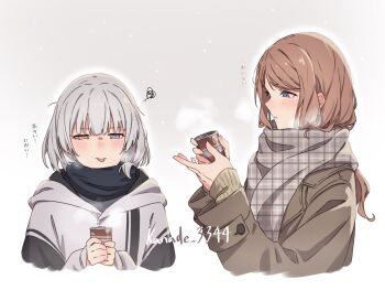 2girls bang_dream! bang_dream!_it&#039;s_mygo!!!!! blue_eyes blush brown_coat brown_hair can canned_coffee coat commentary cropped_torso drink_can enpera grey_scarf heterochromia highres holding holding_can hood hood_down jacket kanade_(kanade_3344) kaname_raana long_hair multiple_girls nagasaki_soyo open_mouth scarf short_hair squiggle tongue tongue_out translation_request twitter_username unmoving_pattern upper_body white_hair white_jacket yellow_eyes