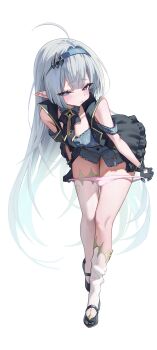 1girl absurdres ahoge black_skirt blue_eyes blue_hairband blush breasts closed_mouth female_tyrant_(stella_sora) full_body grey_hair hairband highres long_hair looking_at_viewer p00nipooni panties panty_pull pink_panties pointy_ears simple_background skirt small_breasts solo stella_sora tyrant_(stella_sora) underwear very_long_hair white_background