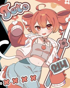 1girl absurdres ahoge aqua_pants cat_tail character_name collarbone double-parted_bangs drill_hair flower grey_tank_top hair_between_eyes hair_flower hair_ornament highres jacket kasane_teto korean_text looking_at_viewer midriff mikazuki123457 navel open_clothes open_jacket open_mouth pants pppp_(vocaloid) red_eyes red_hair sleeves_past_fingers sleeves_past_wrists tail tank_top twin_drills utau white_flower white_jacket