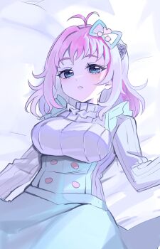 1girl amauri_miruki blue_bow blue_eyes blue_skirt bow breasts commentary_request hair_bow highres large_breasts long_sleeves looking_at_viewer lying on_back parted_lips pink_hair pretty_series roly short_hair skirt solo sweater waccha_primagi! white_sweater