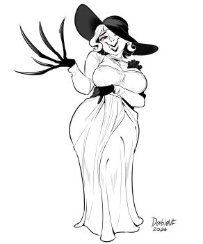 1girl 2024 abby_(deeblenf) absurdres alcina_dimitrescu_(cosplay) arm_up black_flower black_gloves black_hat black_rose blush breasts capcom claws cleavage commentary cosplay curly_hair dated deeblenf dress earrings english_commentary fangs fangs_out female_focus flower full_body gloves grin half-closed_eyes halloween_costume hand_on_own_hip hat head_tilt highres jewelry large_breasts lipstick long_dress long_sleeves makeup naughty_face one_eye_covered original red_eyes resident_evil resident_evil_village rose simple_background smile solo spot_color standing white_background