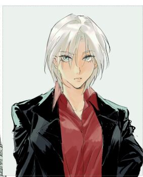 Rule 34 | 1girl, blue eyes, breasts, chungsogum, cleavage, collarbone, collared shirt, dante (devil may cry), devil may cry (series), genderswap, genderswap (mtf), highres, jacket, large breasts, long sleeves, looking at viewer, parted lips, shirt, short hair, simple background, solo, white hair