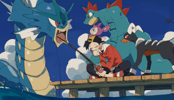 1boy aipom anger_vein backwards_hat baseball_cap black_hair black_pants black_shirt clenched_teeth closed_eyes cloud cumulonimbus_cloud dock drooling ethan_(pokemon) eye_contact feraligatr fishing fishing_rod gen_1_pokemon gen_2_pokemon gyarados hat highres holding holding_fishing_rod houndoom indian_style jacket long_sleeves looking_at_another looking_back male_focus mashita._(mentaiko_omoti) nintendo on_head outdoors pants pokemon pokemon_(creature) pokemon_hgss pokemon_on_head red_eyes red_jacket red_shoes scared sharp_teeth shirt shoes sitting sky sweatdrop teeth water yellow_eyes