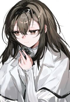 1girl arknights black_bow black_eyes black_hair black_hairband bow commentary fumi_(rdbm) grey_background hairband highres jacket long_sleeves open_clothes open_jacket priestess_(arknights) simple_background smile solo sweater turtleneck turtleneck_sweater upper_body white_jacket white_sweater
