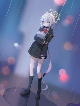 1girl ahoge black_choker black_jacket black_shoes blue_archive blush breasts choker eri_(blue_archive) frown hair_between_eyes halo holding_own_arm jacket large_breasts long_hair looking_down nether_nt ponytail puddle rain shirt shoes solo very_long_hair wet wet_clothes wet_shirt white_hair white_shirt yellow_halo