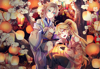 2boys aether_(genshin_impact) albedo_(genshin_impact) arched_bangs bare_shoulders blonde_hair blue_eyes book commentary earrings flower genshin_impact hair_between_eyes hair_tie hairtail highres holding holding_book japanese_clothes jewelry kimono kkaiju korean_commentary lantern long_hair multiple_boys ponytail sitting smile white_flower yellow_eyes