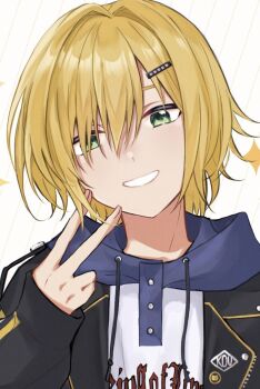 1boy 6fma_22 black_jacket blonde_hair blue_hood character_name clothes_writing drawstring green_eyes hair_intakes hair_ornament hair_over_one_eye hairclip hand_up head_tilt hood hood_down hoodie jacket looking_at_viewer male_focus nijisanji no_headwear open_clothes open_jacket parted_lips portrait print_hoodie short_hair sleeves_past_wrists solo uzuki_kou uzuki_kou_(5th_costume) v virtual_youtuber white_background white_hoodie wolf_cut yellow_trim