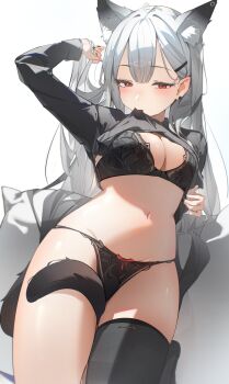 Rule 34 | 1girl, absurdres, animal ears, ayu (user xkhp7843), between legs, black bra, black panties, black shirt, black thighhighs, bra, breasts, cat ears, cat girl, cat tail, clothes lift, commentary, grey hair, highres, lifting own clothes, long hair, long sleeves, looking at viewer, medium breasts, mouth hold, navel, original, panties, red eyes, shirt, shirt lift, simple background, single thighhigh, tail, tail between legs, thighhighs, thighs, underwear, untranslatable commentary, white background