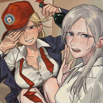 2girls animification badge baseball_cap bill_clinton blonde_hair blue_eyes blue_suit breasts central_intelligence_agency cigarette commentary donald_trump dress_shirt embarrassed eyelashes formal_clothes genderswap genderswap_(mtf) grey_hair grin hat highres implied_cunnilingus jewelry kgb lapels large_breasts light_blush long_hair min_do-sik multiple_girls necktie notched_lapels partially_unbuttoned photo_(object) politician purple_necktie real_life red_hat red_necktie ring shirt short_hair smile smoking suit sweat untranslatable_commentary yuri