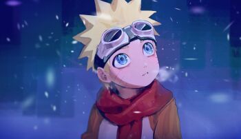 1boy absurdres blonde_hair blue_eyes cf_nrt child facial_mark goggles goggles_on_head highres looking_up male_focus naruto_(classic) naruto_(series) outdoors parted_lips red_scarf scarf short_hair snow solo spiked_hair upper_body uzumaki_naruto whisker_markings winter