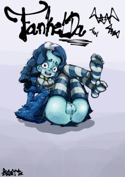 blue_eyes blue_hair feet frankelda frankelda&#039;s_book_of_spooks halloween highres legs legs_up nude pussy shy socks