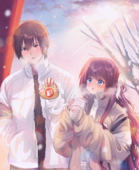 1boy 1girl :o a-chan_(little_busters!) alternate_costume animal_print bare_tree blue_eyes blush breath brown_coat brown_eyes brown_hair cat_print coat commentary_request cup day disposable_cup eyelashes hair_between_eyes hair_ribbon half_updo hand_in_pocket hatsumoude hetero highres holding holding_cup little_busters! long_hair long_sleeves miiizuno_lbs natsume_kyousuke new_year nose open_mouth outdoors ribbon short_hair sidelocks sleeves_past_wrists snow snowing sunlight torii tree upper_body very_long_hair wavy_hair white_coat white_ribbon winter winter_clothes