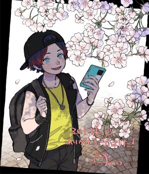 1boy ano_amesuke aqua_eyes backpack backwards_hat bag baseball_cap black_vest blue_hair cellphone cherry_blossoms commentary commission english_commentary flower hat highres holding holding_phone jewelry male_focus necklace open_mouth original petals phone red_hair shirt skeb_commission sleeveless sleeveless_shirt smartphone smile solo translation_request upper_body vest wristband yellow_shirt