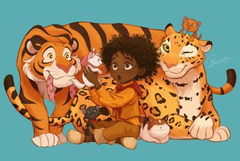 Rule 34 | 1boy, animal, antonio madrigal, berlioz (disney), blue background, brown eyes, brown hair, brown pants, cat, crossover, dark-skinned male, dark skin, encanto, highres, holding, holding animal, holding cat, leopard, marie (the aristocats), melchencanto, orange shirt, orange vest, pants, shirt, short hair, signature, simple background, sitting, the aristocats, tiger, toulouse (disney), very dark skin, vest
