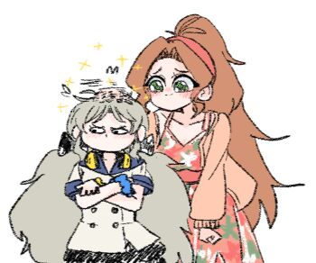 2girls aromdami blush brown_hair cardigan collarbone commentary_request crossed_arms dress floral_print floral_print_dress forehead grey_hair handa_roco headpat headphones headphones_around_neck idolmaster idolmaster_million_live! korean_commentary long_hair looking_at_another motion_blur multiple_girls nikaido_chizuru orange_cardigan ponytail pout print_dress school_uniform scrunchie serafuku simple_background sleeveless sleeveless_dress twintails very_long_hair white_background wrist_scrunchie