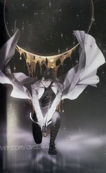 1boy absurdres aiming aiming_at_viewer artbook black_eyes black_hair black_shirt blackbox_(blackbox9158) boots chest_belt coat curtained_hair full_body halo heterochromia highres holding holding_sword holding_weapon official_art omniscient_reader&#039;s_viewpoint on_one_knee open_clothes open_coat scar scar_on_face secretive_plotter serious shirt short_hair solo sword third-party_source weapon white_coat wind wind_lift yellow_eyes yoo_joonghyuk