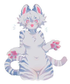 1girl :3 albino animal_ears animal_hands breasts claws commentary completely_nude cropped_legs english_commentary fangs furry furry_female highres looking_at_viewer medium_breasts navel neku_boo no_nipples no_pussy nude original pink_eyes short_hair simple_background smile solo striped_fur tail tiger tiger_ears tiger_girl tiger_tail white_background white_hair white_tiger