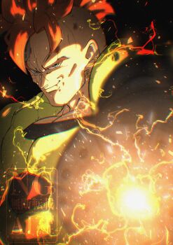 1boy android_16 arm_cannon armor black_background blue_eyes commentary_request dragon_ball dragonball_z electricity green_armor highres male_focus mohawk powering_up red_hair smirk solo stktik09060906 upper_body weapon