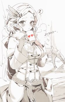 1girl blush breasts coat commentary_request cowboy_shot cup feather_hair_ornament feathers hair_ornament heart heart_print highres holding holding_cup horse large_breasts long_sleeves looking_at_viewer monochrome mug musical_note nintendo pants pointy_ears princess_zelda sepia short_hair shuri_(84k) solo_focus spoken_musical_note the_legend_of_zelda the_legend_of_zelda:_tears_of_the_kingdom translation_request