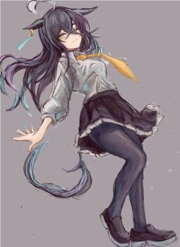 Rule 34 | 1girl, ahoge, animal ears, black choker, black hair, black pantyhose, breasts, choker, closed mouth, commentary request, ear tag, earrings, hair between eyes, horse ears, horse girl, horse tail, jewelry, long bangs, long hair, long hair between eyes, long sleeves, looking at viewer, multicolored hair, necktie, pantyhose, pleated skirt, shirt, simple background, single earring, skirt, small breasts, smile, solo, tail, umamusume, white hair, white shirt, yanagi wakana, yellow eyes, yellow necktie