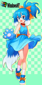 Rule 34 | 1girl, animal ears, animal hands, blue dress, blue eyes, blue gloves, blue hair, blue shoes, bow, checkered background, collar, dog girl, dog tail, dress, fang, gloves, highres, inu-t, microsoft windows, nt-tan, open mouth, os-tan, ponytail, ribbon, shoes, short dress, skin fang, sleeveless, sleeveless dress, socks, solo, standing, tail, thighs, tsukiyono aroe, white socks, windows logo