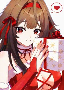 1girl alternate_costume box breasts bridal_gauntlets brown_hair closed_mouth collarbone commentary_request cross-laced_clothes cross-laced_dress dress fur-trimmed_dress fur-trimmed_gloves fur_collar fur_trim gift gift_box gloves hairband heart highres holding holding_gift large_breasts long_hair looking_at_viewer red_dress red_eyes red_hairband red_nails red_ribbon ribbon santa_costume santa_dress simple_background smile solo spoken_heart uni_(maru231) upper_body white_background ye_shunguang zenless_zone_zero