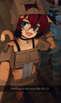 2girls :d aeiou_(yoako) animal_nose bandages black-framed_eyewear black_choker black_hair blue_eyes blue_skin body_fur cardboard cardboard_box_gundam cat_girl choker colored_skin commentary english_commentary english_text furry furry_female glasses hair_between_eyes hair_ornament hairclip halloween_costume highres jupiter_symbol looking_at_viewer meme multicolored_hair multiple_girls mummy_costume open_mouth optimus_prime original pointy_ears power_symbol-shaped_pupils red_eyes red_hair selfie sharp_teeth short_hair smile snapchat symbol-shaped_pupils tail teeth transformers two-tone_hair walking x_hair_ornament yoako