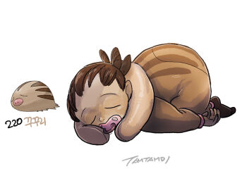 1boy brown_hair closed_eyes commentary full_body gen_2_pokemon lying male_focus nintendo on_stomach onesie pacifier personification pokemon pokemon_(creature) reference_inset short_hair signature simple_background sleeping swinub tamtamdi translated white_background