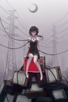 1girl bare_shoulders bell black_choker black_dress black_hair black_shoes choker collarbone commentary_request doll_joints dress female_focus hair_between_eyes highres ji_dao_ji jingle_bell joints long_hair looking_at_viewer moon neck_bell original parted_lips pigeon-toed power_lines red_eyes shoes sitting sleeveless sleeveless_dress solo static television transmission_tower