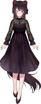 1girl :3 animal_ears black_dress black_footwear breasts brown_hair cleavage dog_ears dog_tail dress full_body heterochromia high_heels highres inui_toko inui_toko_(stage_dress) jewelry long_hair long_sleeves looking_at_viewer medium_breasts nail_polish necklace nijisanji official_art red_eyes see-through_clothes see-through_sleeves solo tachi-e tail transparent_background virtual_youtuber y_o_u_k_a yellow_eyes